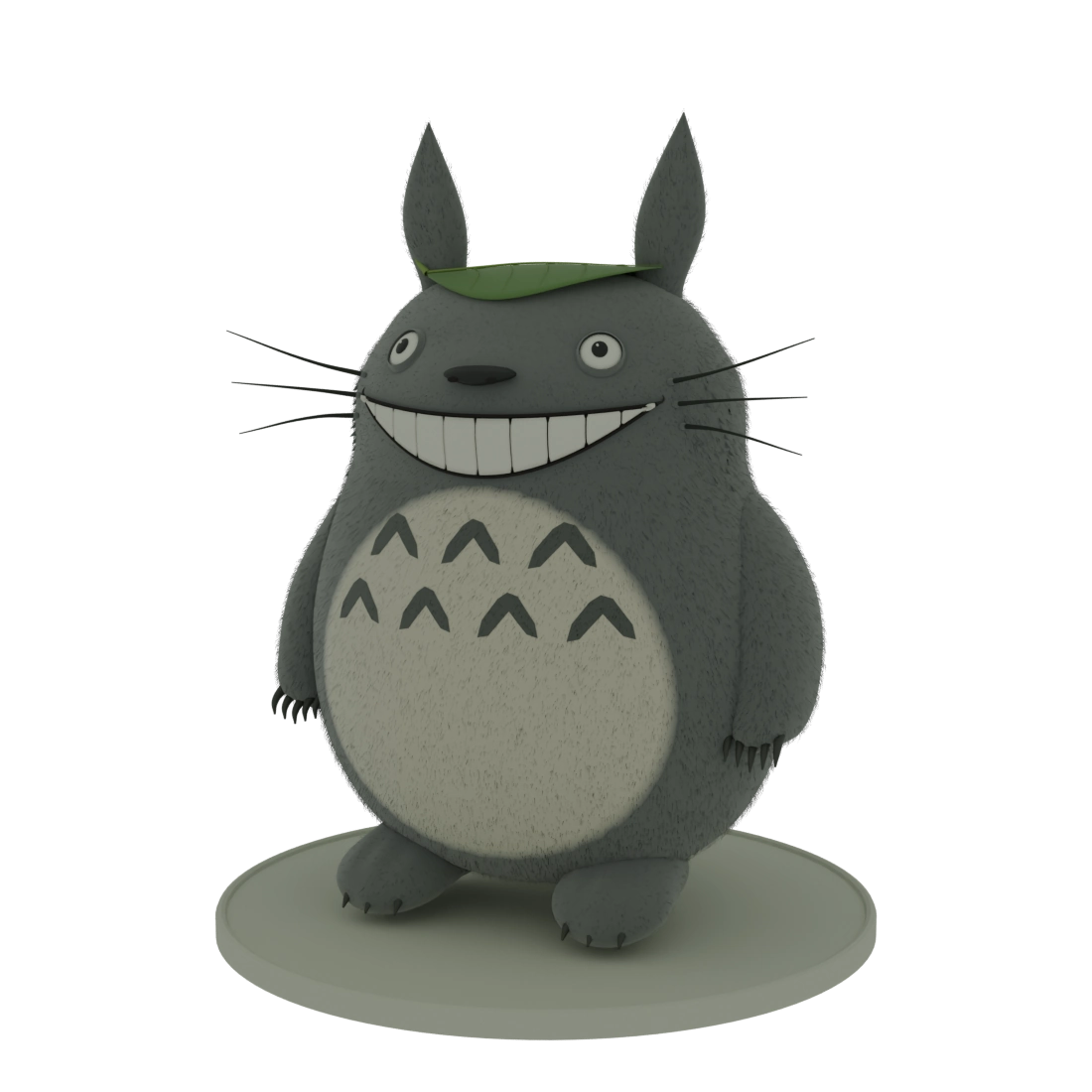 A grey Totoro with a wide toothy grin, soft groomed fur, small rounded paws, an ivory belly, seven chevrons, and a green leaf hat.